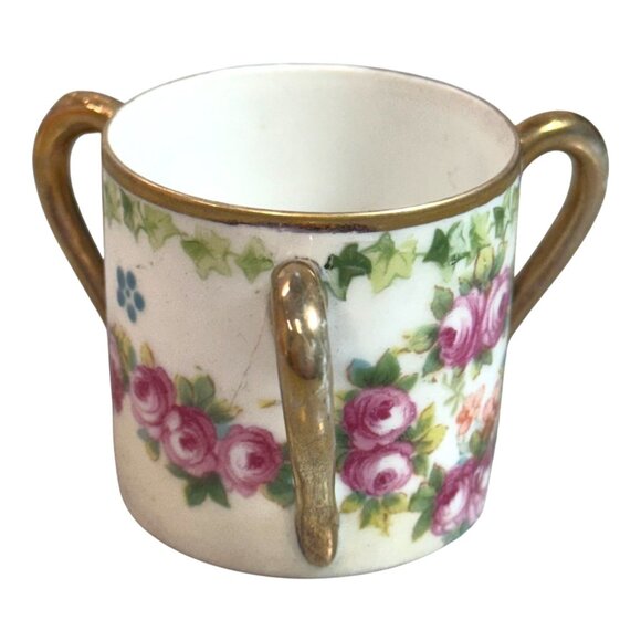 Vintage Double Handle Floral Porcelain Cup Roses Gold Trim Three Handle Tyg Mug - Picture 2 of 7